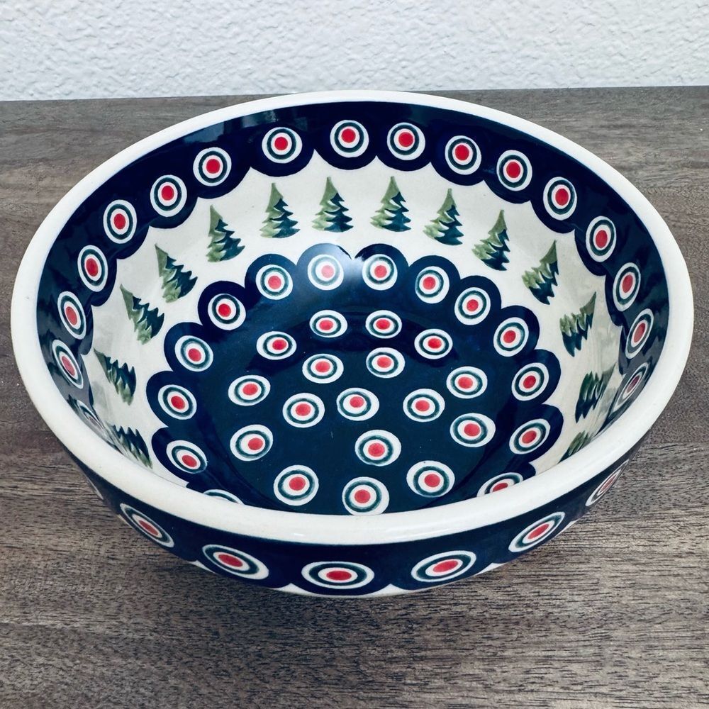 Boleslawiec Polish Pottery Christmas Trees Peacock Dinner Bowl